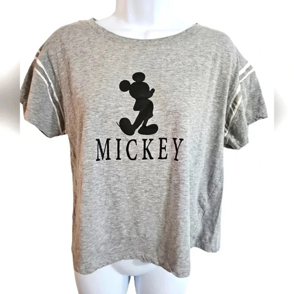 Disney Women’s XL Gray Cropped Mickey Mouse Graphic Raglan Tee Shirt Preppy Fun - Picture 2 of 6